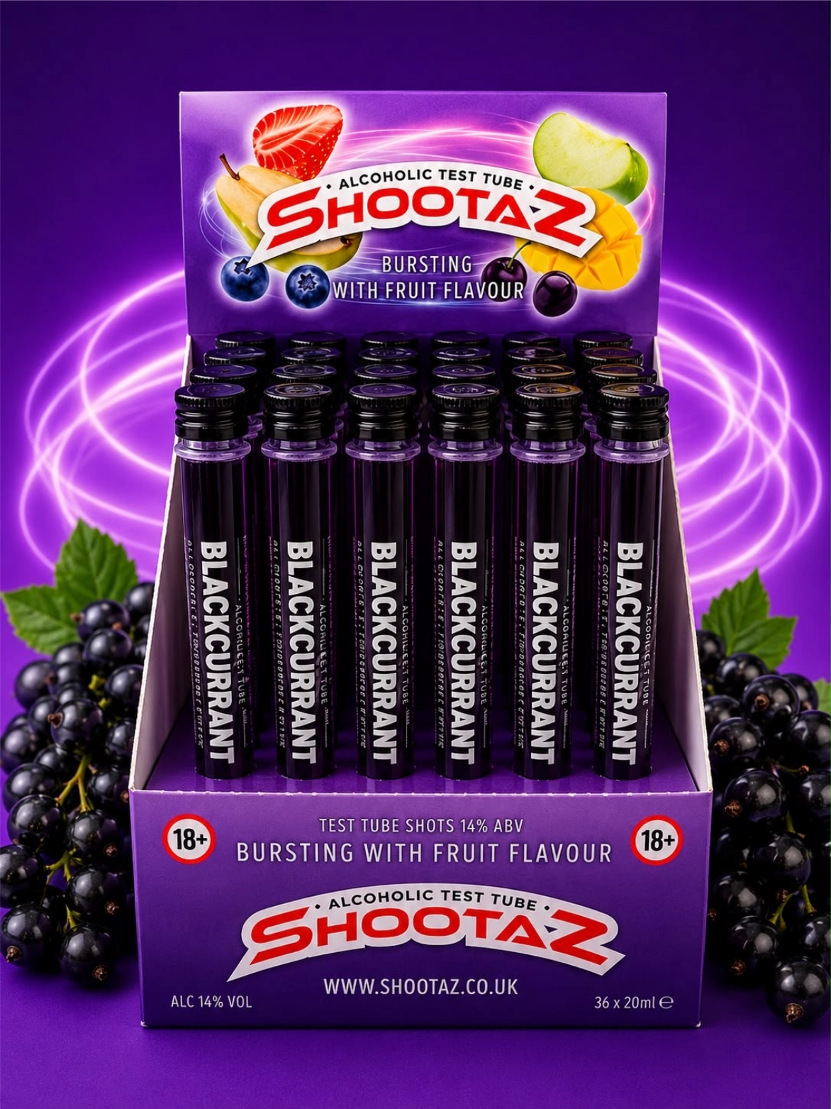 Blackcurrant alcoholic test tubes box of 36
