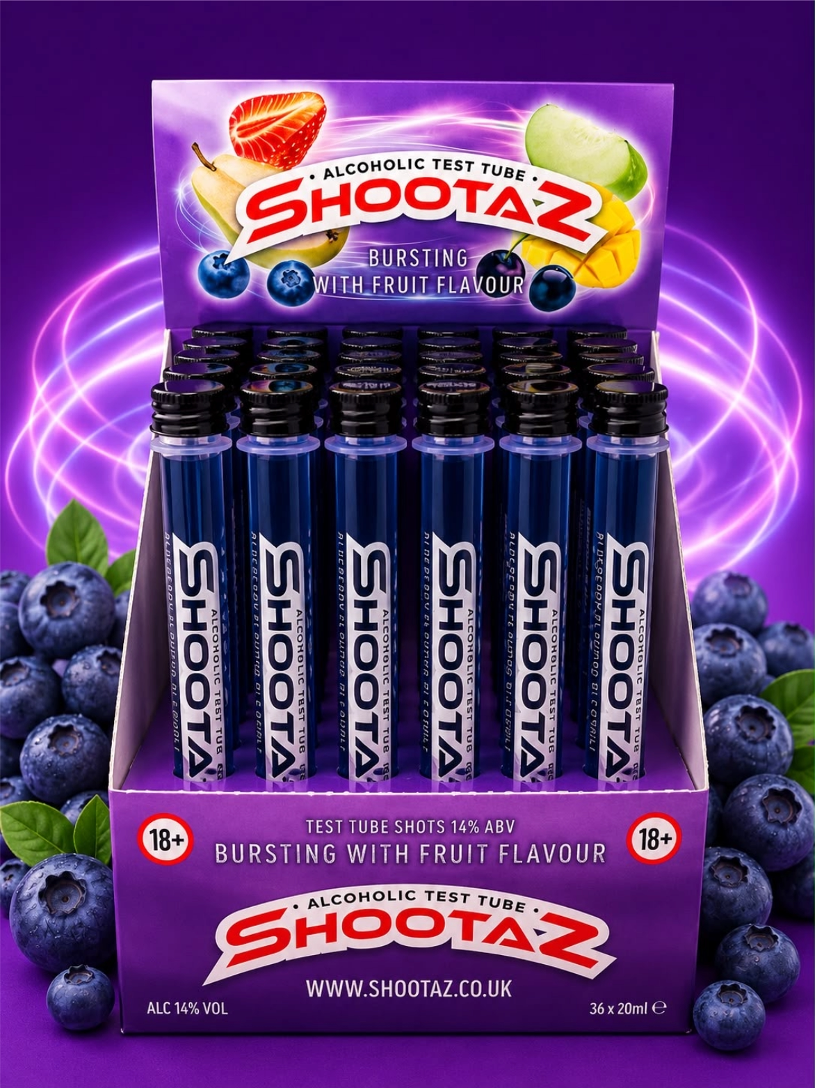 Blueberry alcoholic test tubes box of 36
