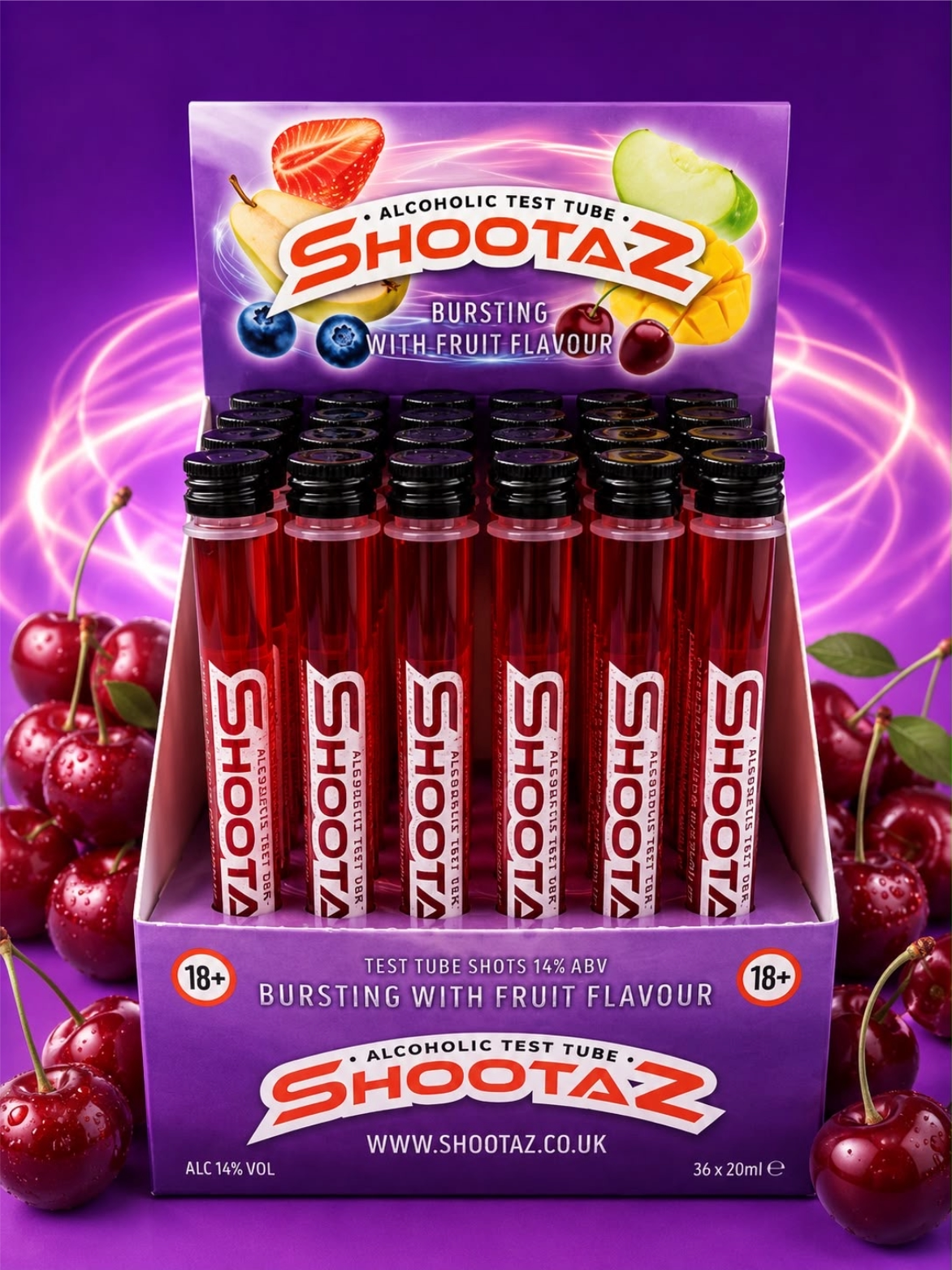 Cherry alcoholic test tubes box of 36