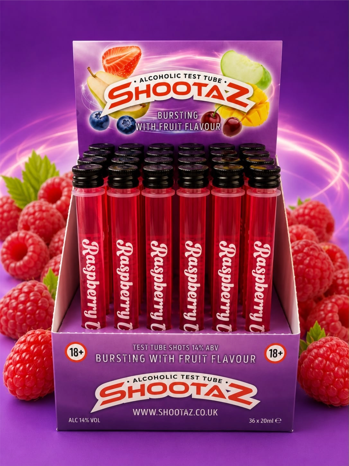 Raspberry alcoholic test tubes box of 36